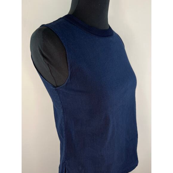 VINCE Navy Blue Linen Blend Ribbed Crew Neck Sleeveless Top Tank XS X-Small - Picture 2 of 7